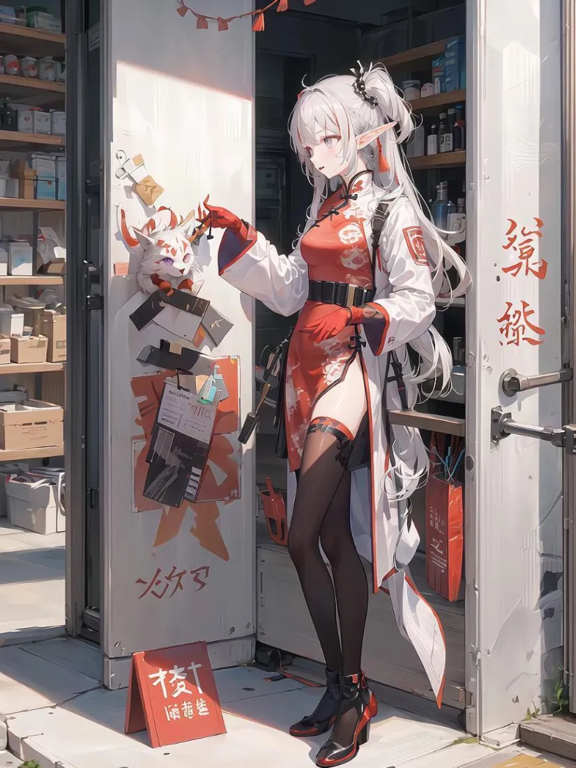 白发尖耳国风少女身着红白服饰，立于日式小店门口，旁有狐形装饰。