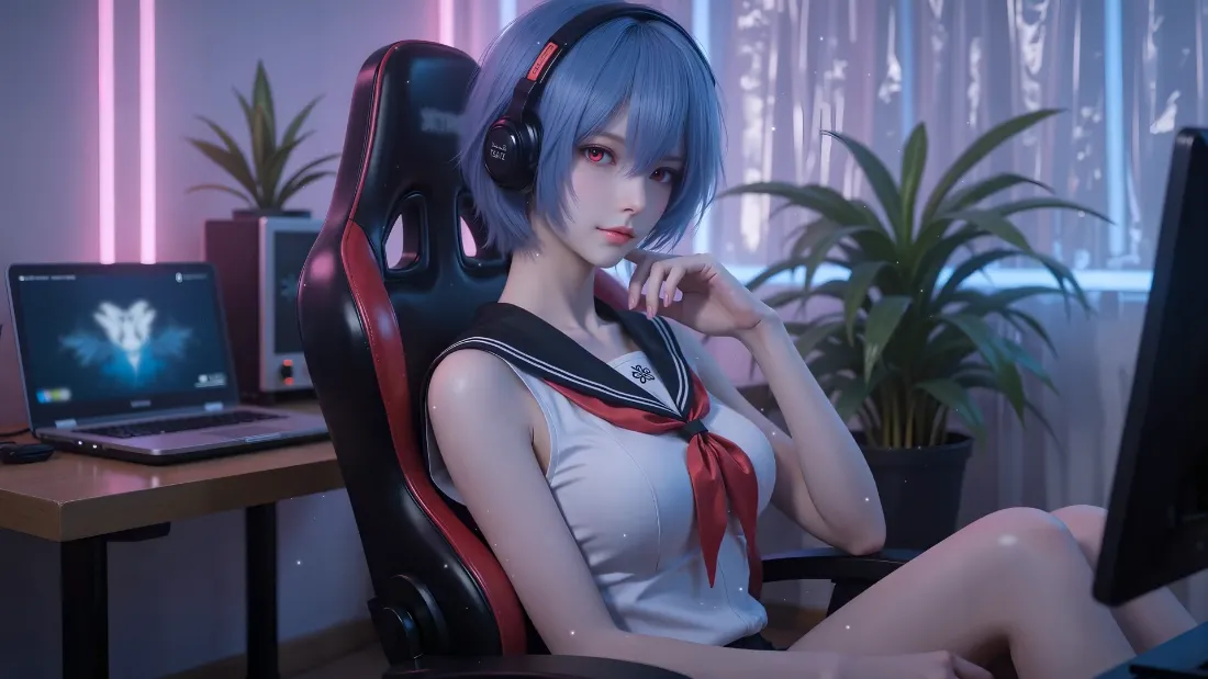 蓝发戴耳机的水手服少女坐在电竞椅上，身处霓虹灯光的赛博风电竞房间内