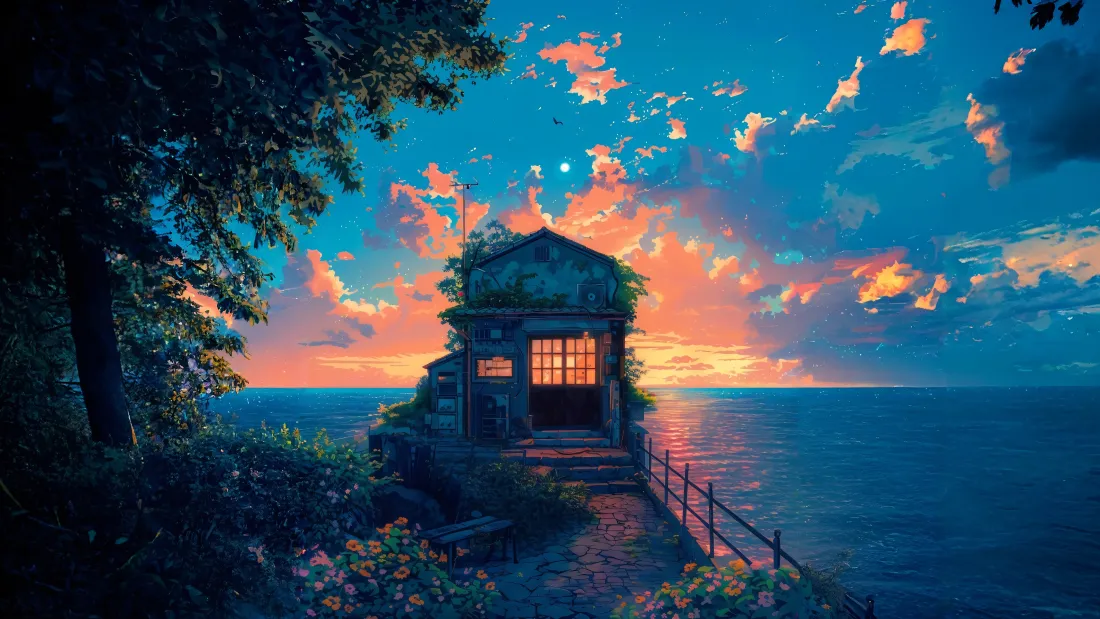 4k夕阳海景壁纸｜花园小屋背景图片 - 暮色「哲风壁纸」