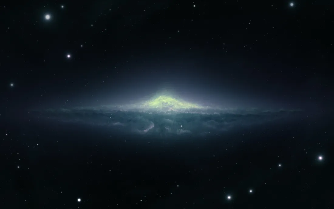 3k科幻壁纸|星云背景图片 - 神秘星空「哲风壁纸」 深邃黑暗的宇宙空间中,中心悬浮着散发淡青绿光的横向星云,四周散落明亮星点。