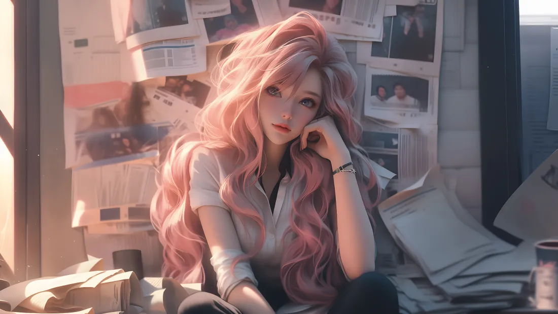3k粉发少女壁纸|复古报墙背景图片 - 光影插画「哲风壁纸」 3k粉发少女壁纸|复古报墙背景图片 - 光影插画「哲风壁纸」