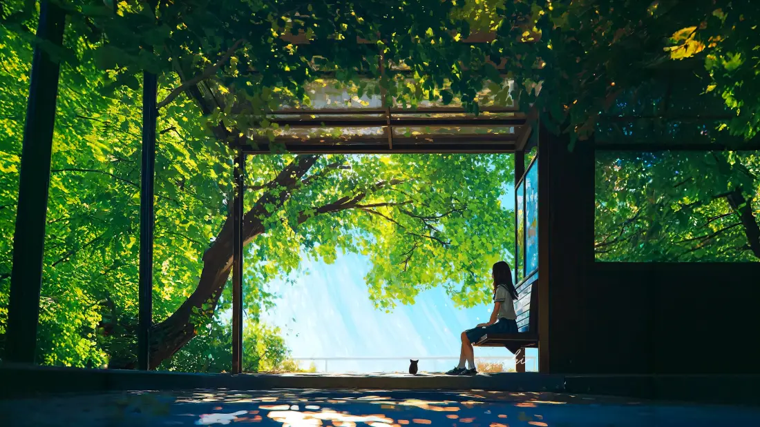 4k凉亭壁纸｜夏日树荫背景图片 - 女孩小憩「哲风壁纸」