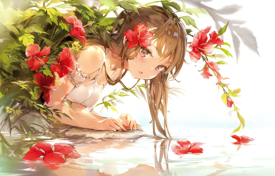 4k花丛少女壁纸｜水边插画背景图片 - 二次元「哲风壁纸」