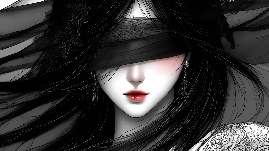 4k水墨国风壁纸｜蒙眼美女背景图片 - 黑白插画「哲风壁纸」