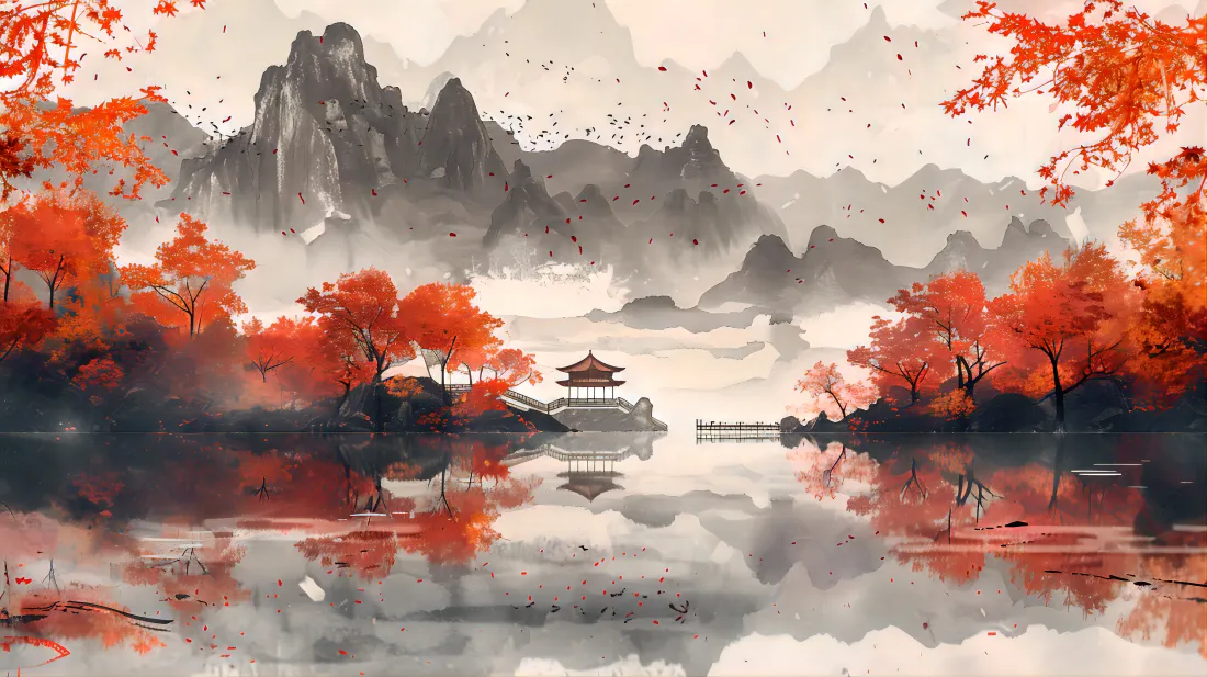 8k水墨红叶壁纸|山水倒影背景图片 - 超清「哲风壁纸」 8k水墨红叶壁纸|山水倒影背景图片 - 超清「哲风壁纸」