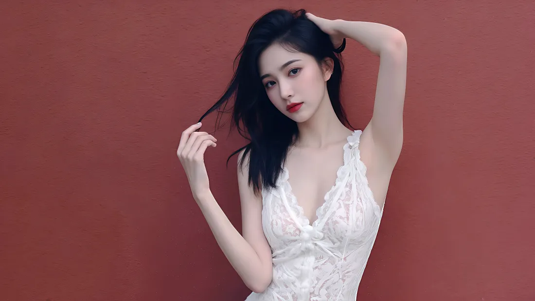 红墙前身着白色蕾丝吊带裙的黑发女子抬手轻撩发丝，姿态优雅