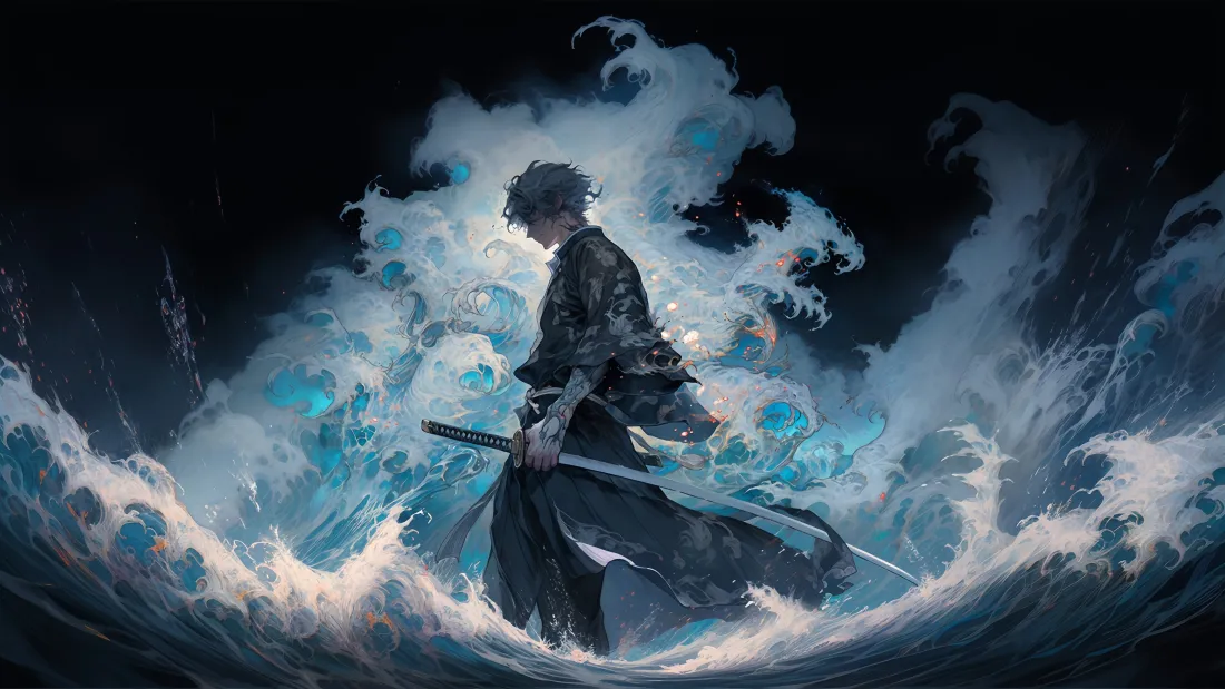 4k浪涌武士壁纸｜刀光浪涛背景图片 - 动漫「哲风壁纸」