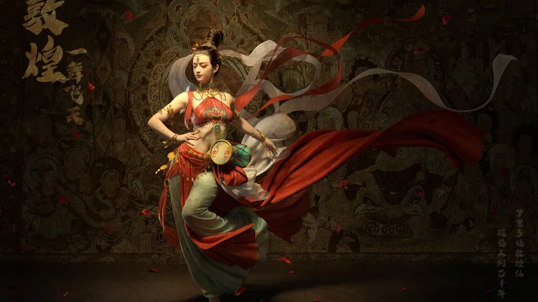 敦煌飞天造型女子起舞，红飘带飞扬，背景为暗调敦煌壁画