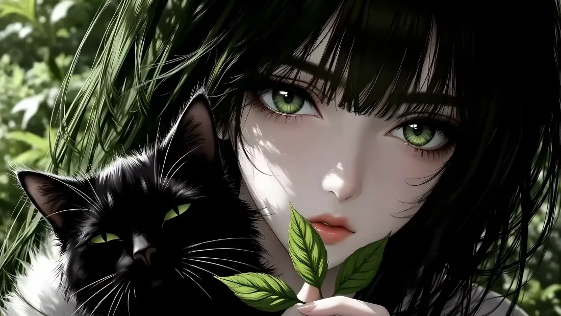 2k绿瞳少女壁纸|黑猫相伴背景图片 - 治愈场景「哲风壁纸」 2k绿瞳少女壁纸|黑猫相伴背景图片 - 治愈场景「哲风壁纸」