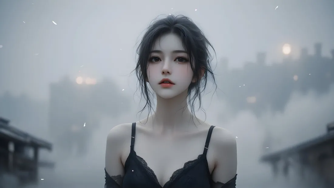 雾都朦胧背景中，身着黑色吊带的冷调美女半身像，氛围神秘忧郁。