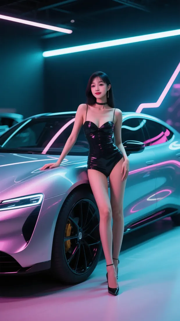 4k美女壁纸 - 车模 - 炫酷跑车 - 霓虹背景「哲风壁纸」