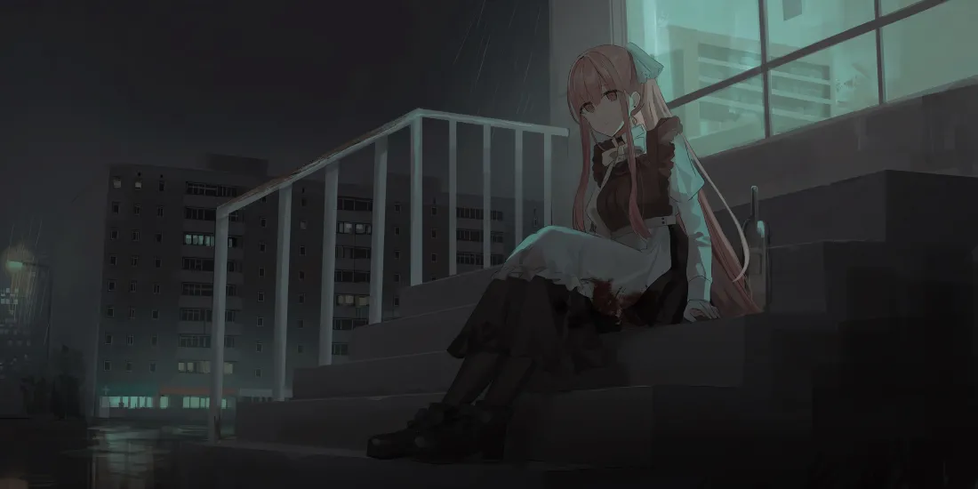 粉发少女坐在夜晚城市建筑的台阶上，整体暗调氛围孤寂。