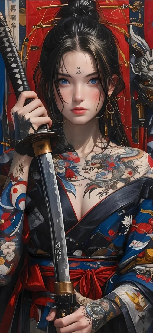 纹身和服少女双手持武士刀，蓝眼束发，背景红黑日式装饰。