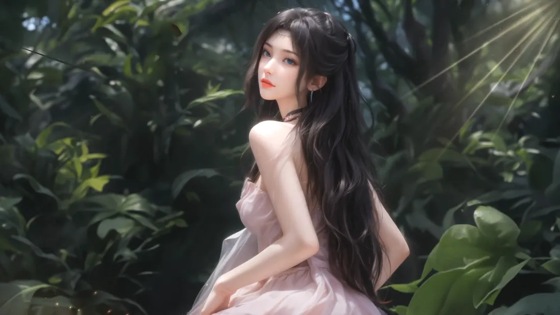 2k森系美女壁纸｜光影回眸背景图片 - 长发粉裙「哲风壁纸」