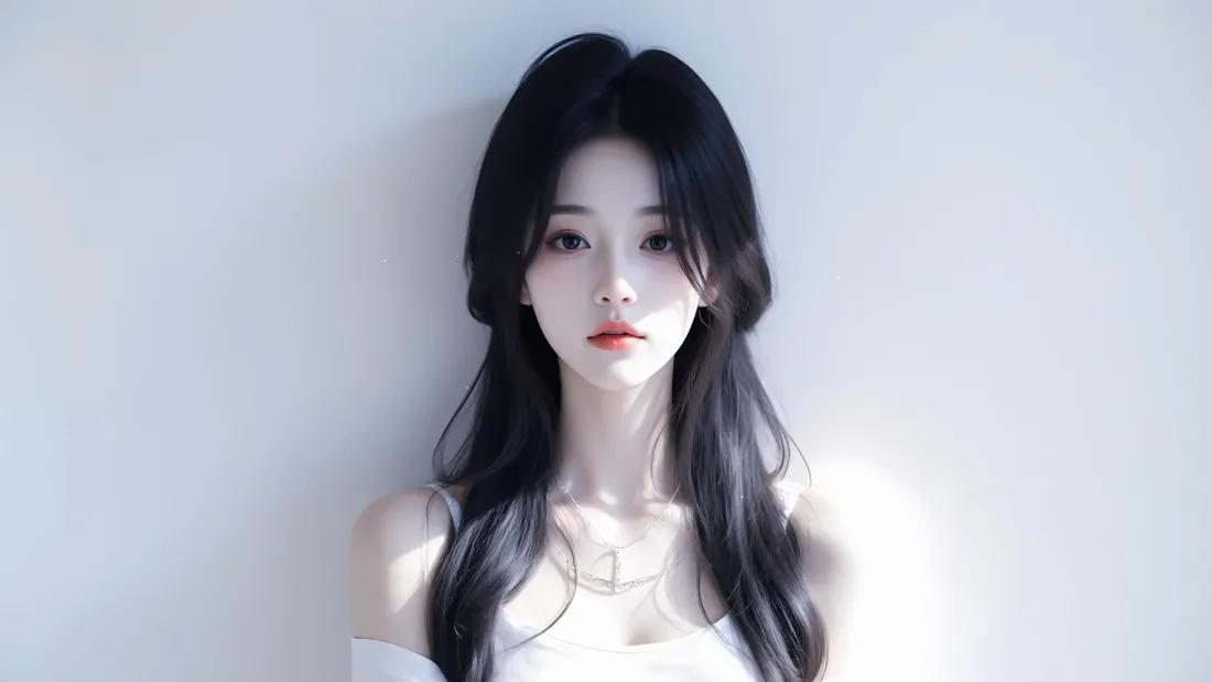 2k少女壁纸|清纯背景图片 - 简约白「哲风壁纸」 黑长直长发年轻女性身着白色吊带,立于浅白纯色墙前,光影柔和干净。