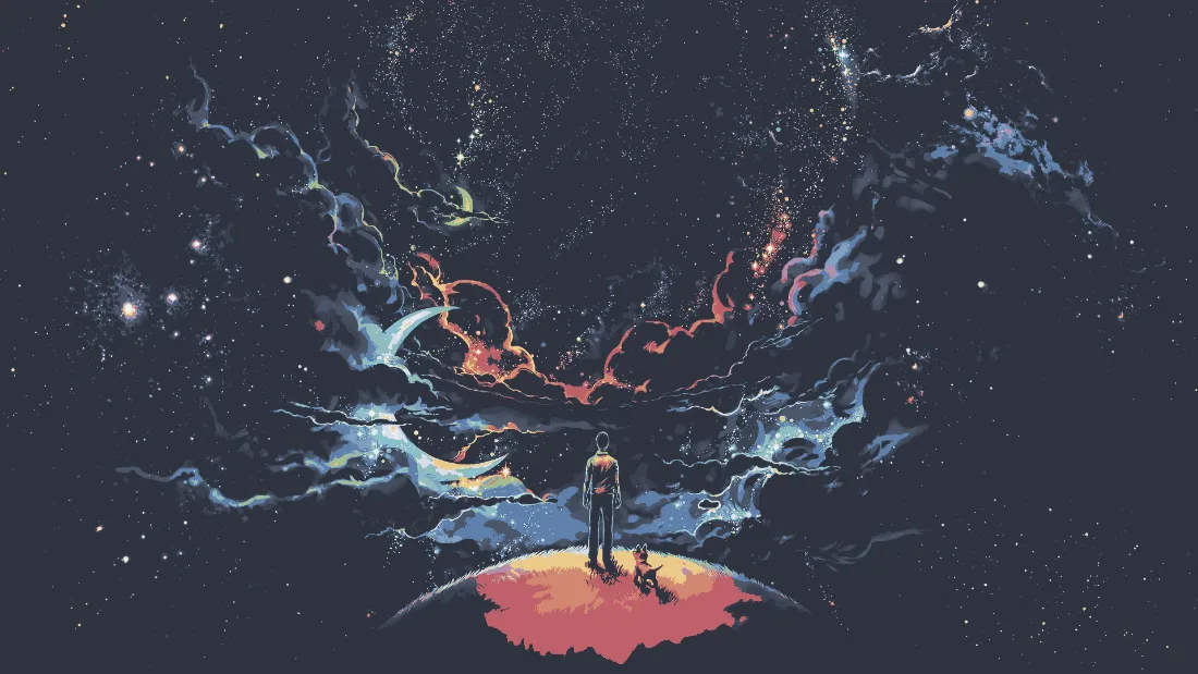 2k星际人物壁纸|宇宙艺术背景图片 - 酷感插画「哲风壁纸」 像素风插画,男子与小狗立于小行星表面,仰望绚烂星云与漫天繁星。