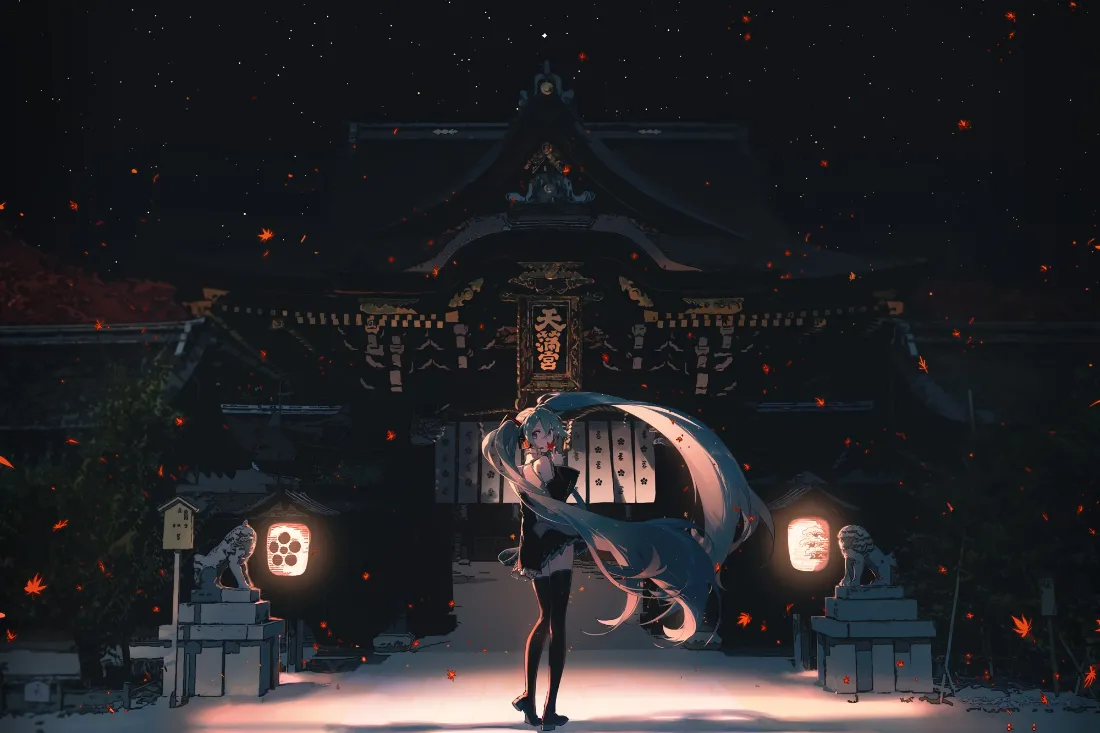 2k初音未来寺庙夜影壁纸｜二次元场景插画 - 静谧神社「哲风壁纸」