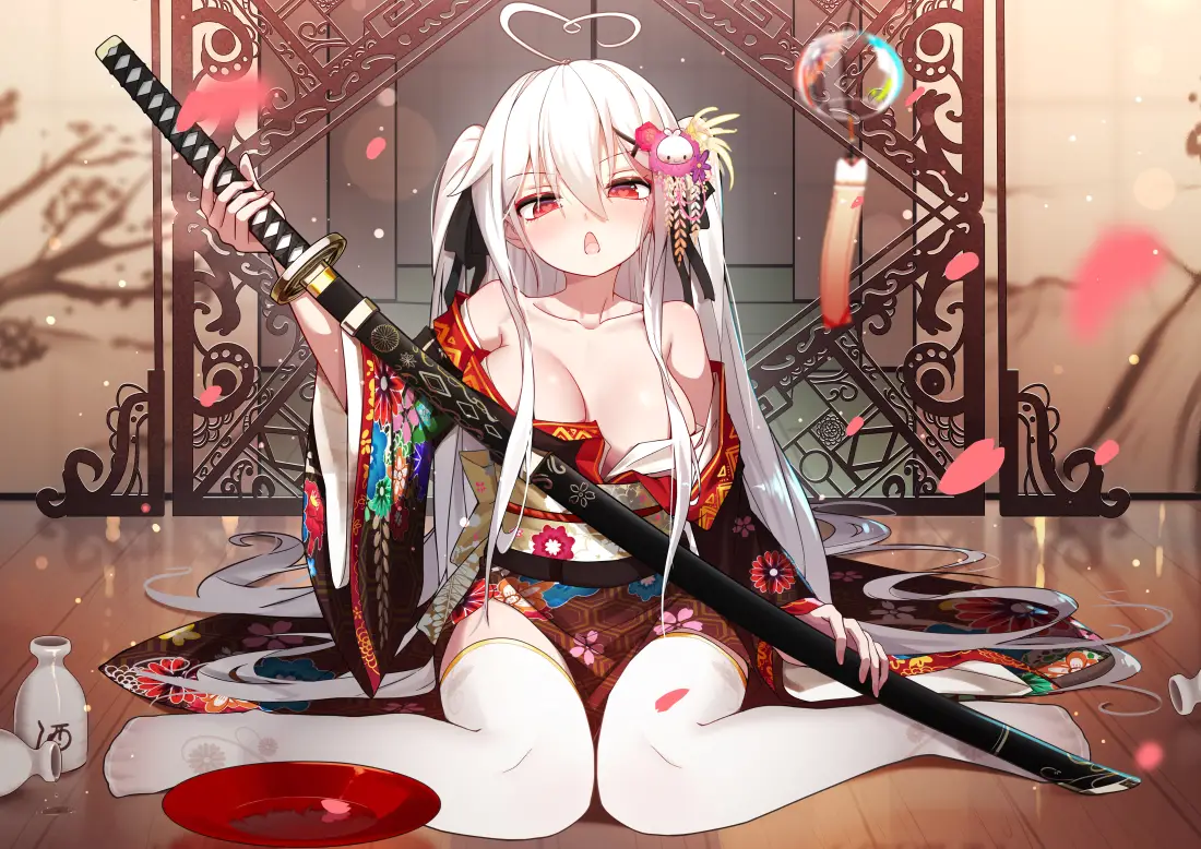 5k白丝少女｜武士刀背景图片 - 日式樱花场景「哲风壁纸」
