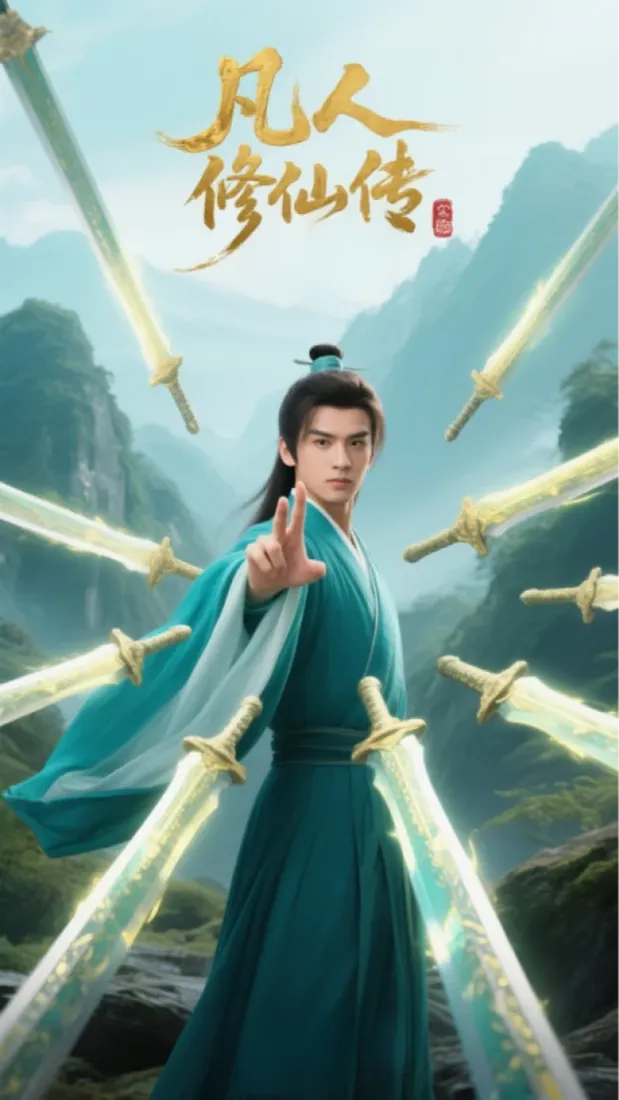 青衫修仙男子立于山间，周身环绕多柄发光飞剑，背景是云雾青山。