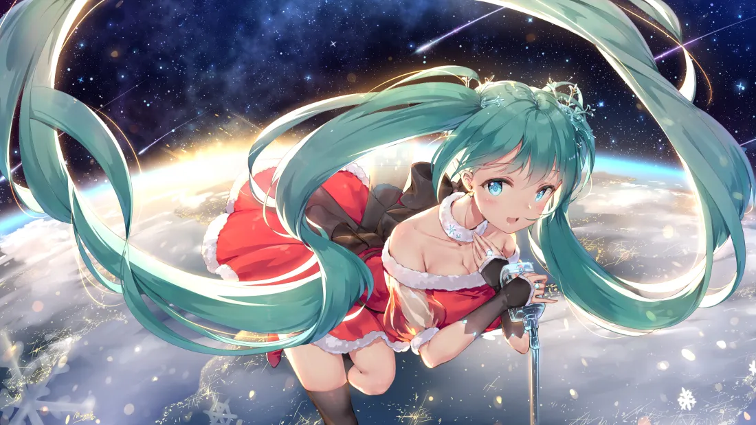 身着圣诞红裙的初音未来立于星空下的地球上方，手持话筒，长发飘逸。