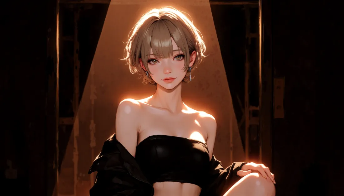 3k短发酷girl壁纸|半写实光影背景图片 - 个性少女「哲风壁纸」 暖光下的短发少女,黑色抹胸搭配滑落外套,暗调背景氛围感十足
