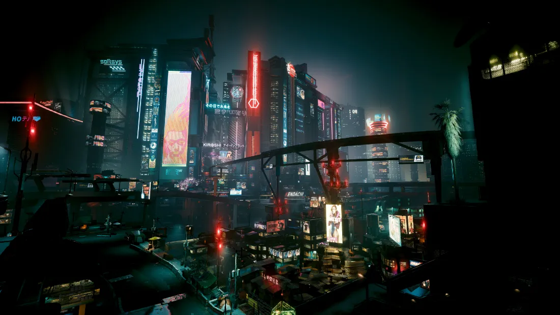 赛博朋克风格未来都市夜景，林立高楼布满霓虹招牌，雾气笼罩街道。