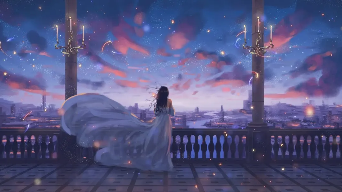 身着白裙的长发少女立于露台，眺望黄昏星空下的城市远景。