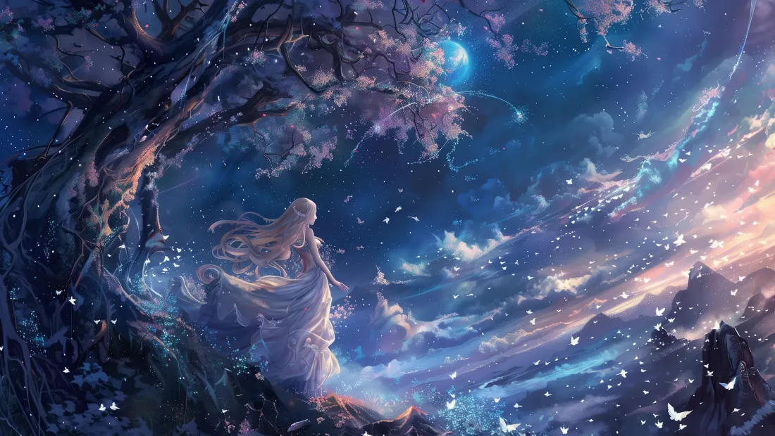 月夜星空下，长发白裙少女立于花树下，望向远方梦幻云海