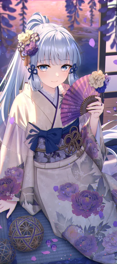 神里绫华身着紫藤花纹和服，手持折扇坐于紫藤飘落的黄昏场景中