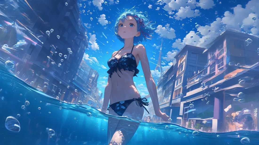 4k蓝发泳装少女壁纸｜水下城市夏日场景背景图片 - 清新动漫「哲风壁纸」