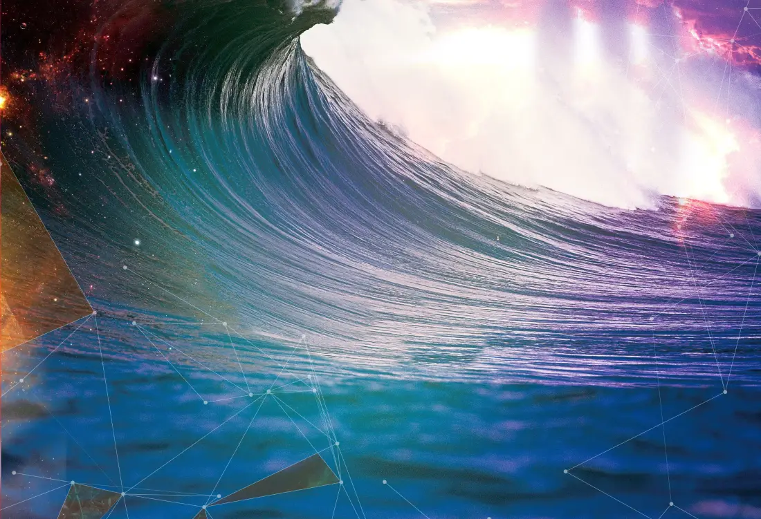 3k奇幻海浪壁纸|星空背景图片 - 梦幻海洋「哲风壁纸」 奇幻卷曲海浪搭配星空星云与几何连线元素的梦幻数字艺术画