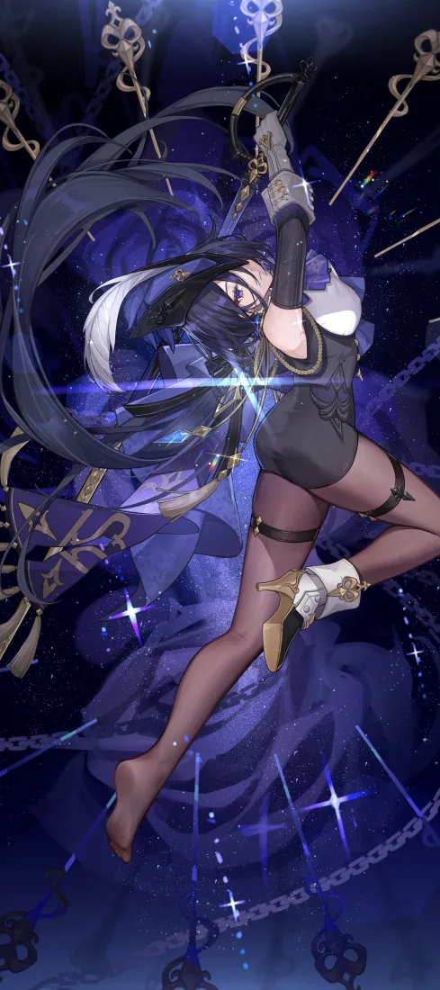 黑长直二次元少女身着黑丝在紫调星光星芒背景中跳跃，周身环绕钥匙与锁链元素