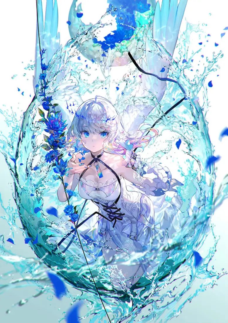 蓝发蓝眼二次元少女被水花与蓝色花束环绕，整体清透梦幻。