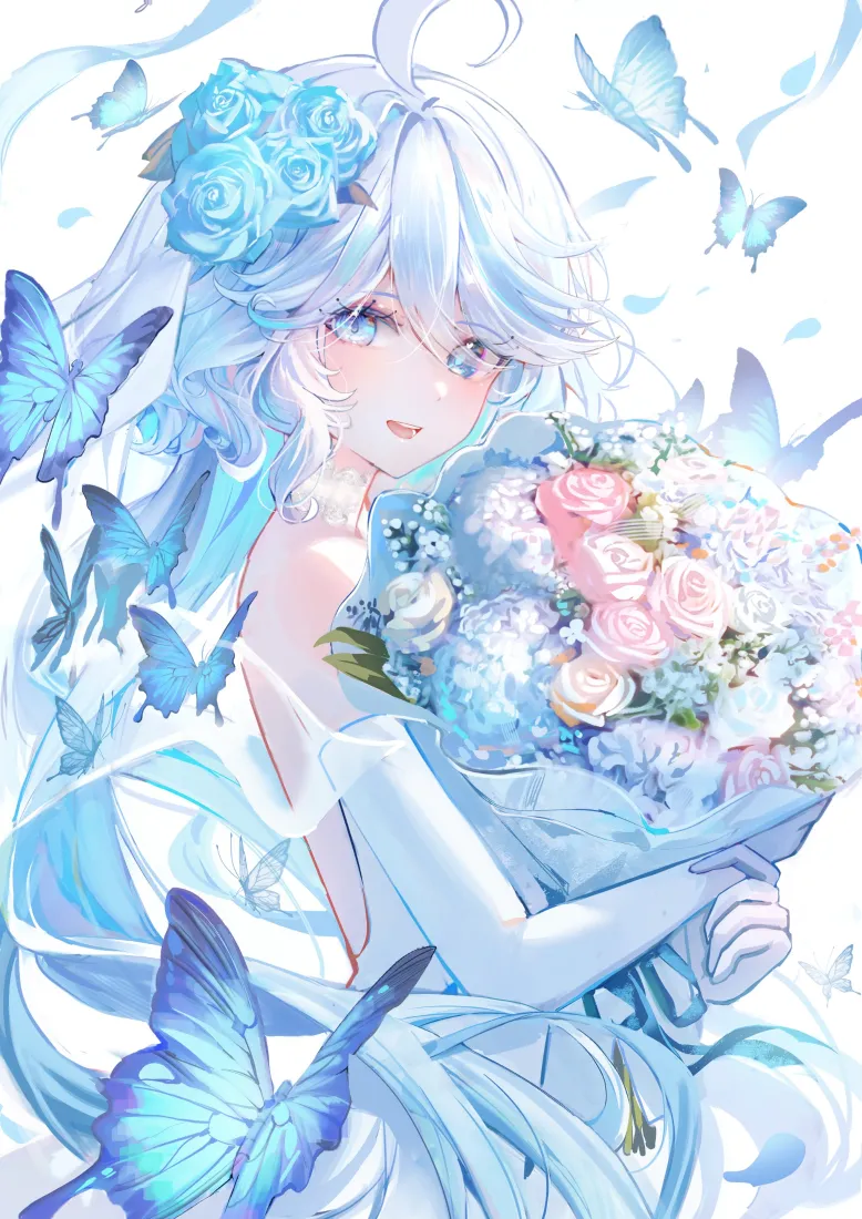 蓝发二次元少女怀抱粉蓝玫瑰花束，周身环绕蓝色蝴蝶，背景为纯白色。