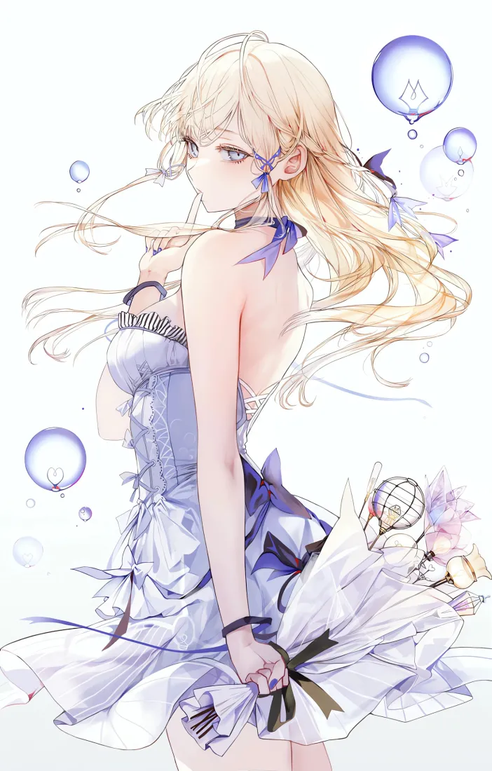金发少女身着淡紫露背裙，手持花束，周围漂浮着透明气泡。