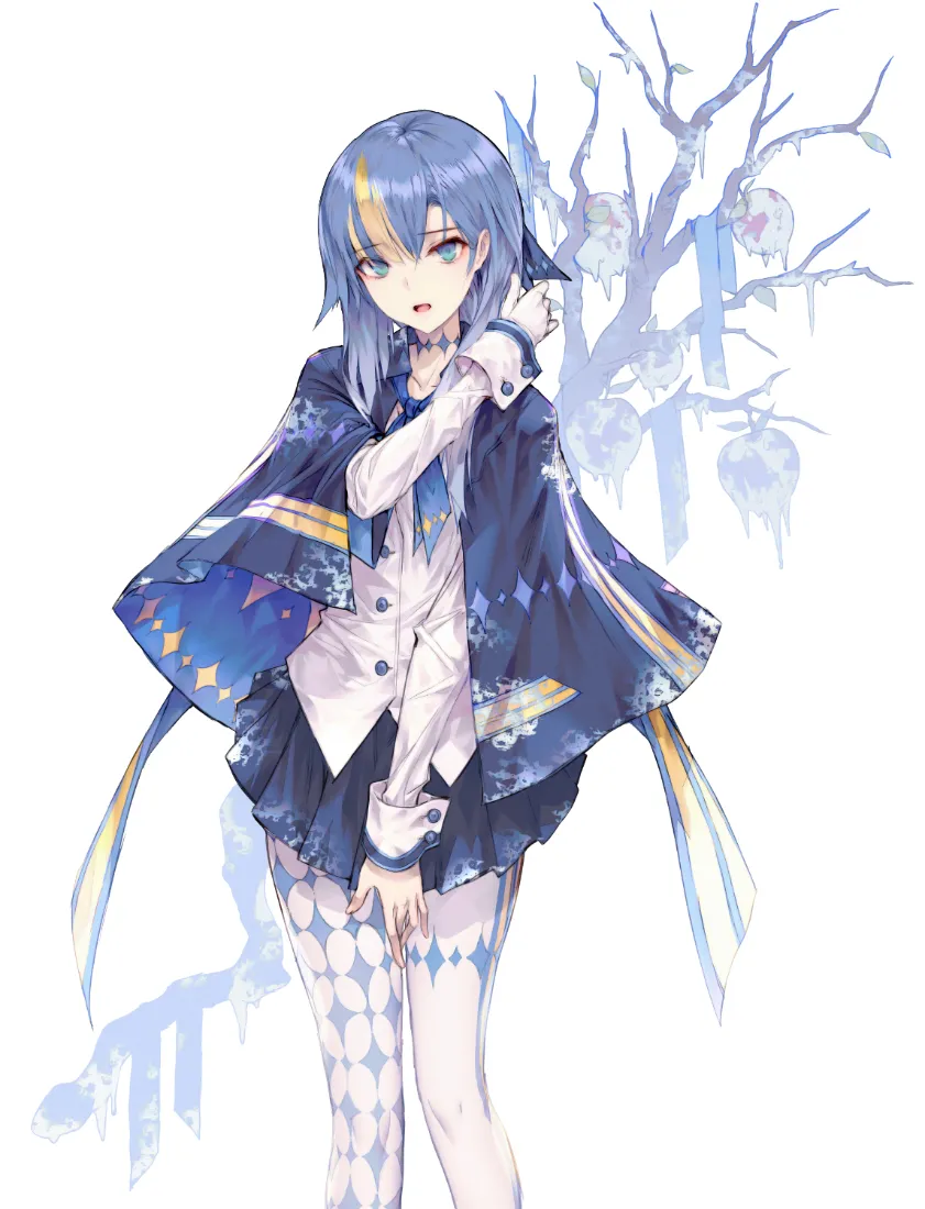 蓝发披披风少女立于冬日枯树旁，白衬衫配短裙与花纹白袜。