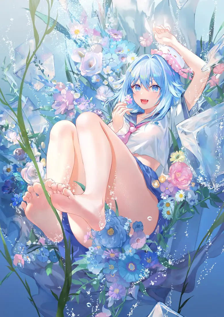 蓝发二次元少女置身水中花丛，赤脚舒展，氛围清新梦幻