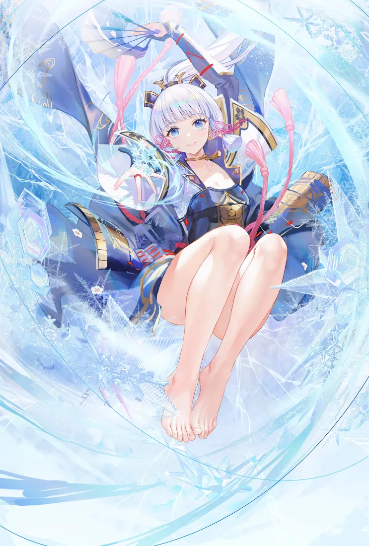 原神神里绫华蜷坐于冰蓝色冰晶漩涡中，身着蓝金和风服饰，赤足神态柔和。