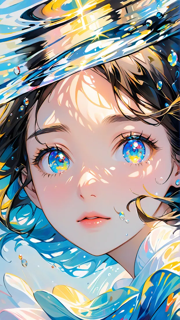 水下少女脸部特写，蓝黄波光在面部与发丝间流动，眼眸如水面般透亮。