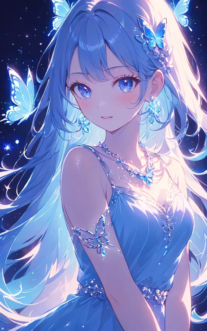 蓝发蓝眸二次元少女，身着蓝色吊带裙，周身环绕发光蝴蝶与星空光点。