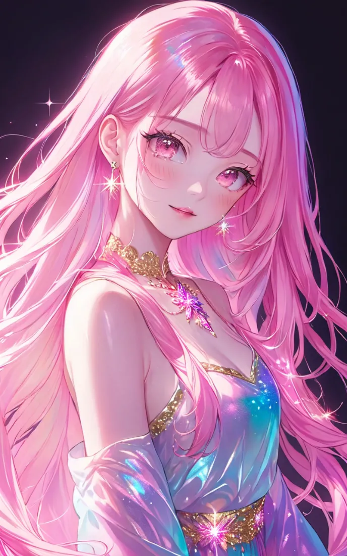 粉发二次元少女身着幻彩镶金礼服，周身点缀星光，深色背景衬托梦幻氛围。