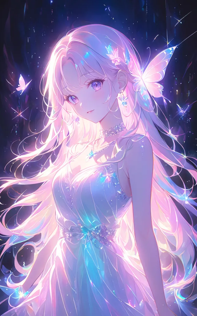 梦幻长发少女身着炫彩渐变裙，置身星空蝶影间，周身萦绕柔光。
