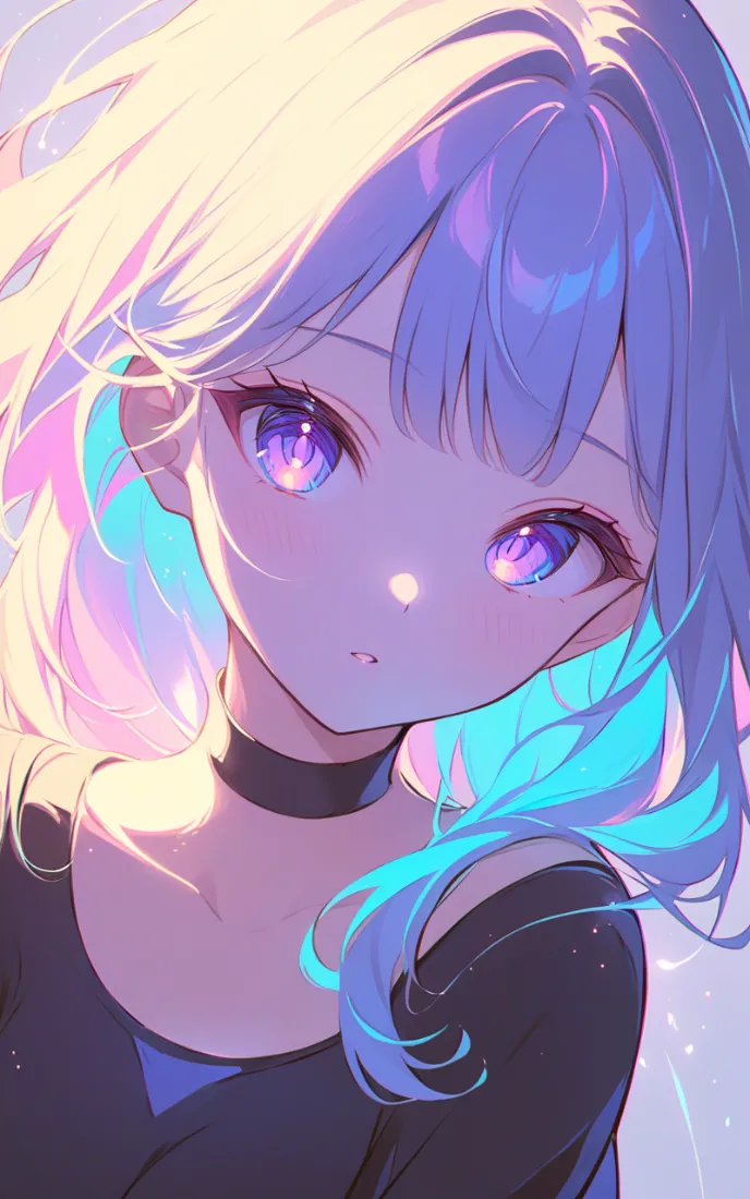二次元少女脸部特写，渐变炫彩发丝，紫调梦幻眼眸，佩戴黑色颈圈。