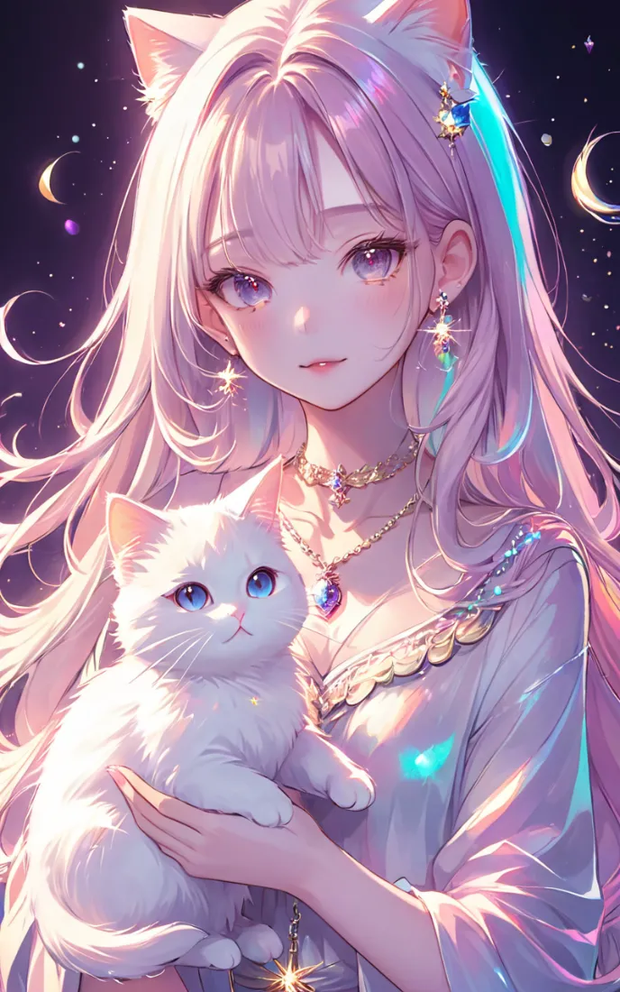 粉紫长发猫耳少女怀抱蓝眼白猫，背景为缀有星月的梦幻星空。