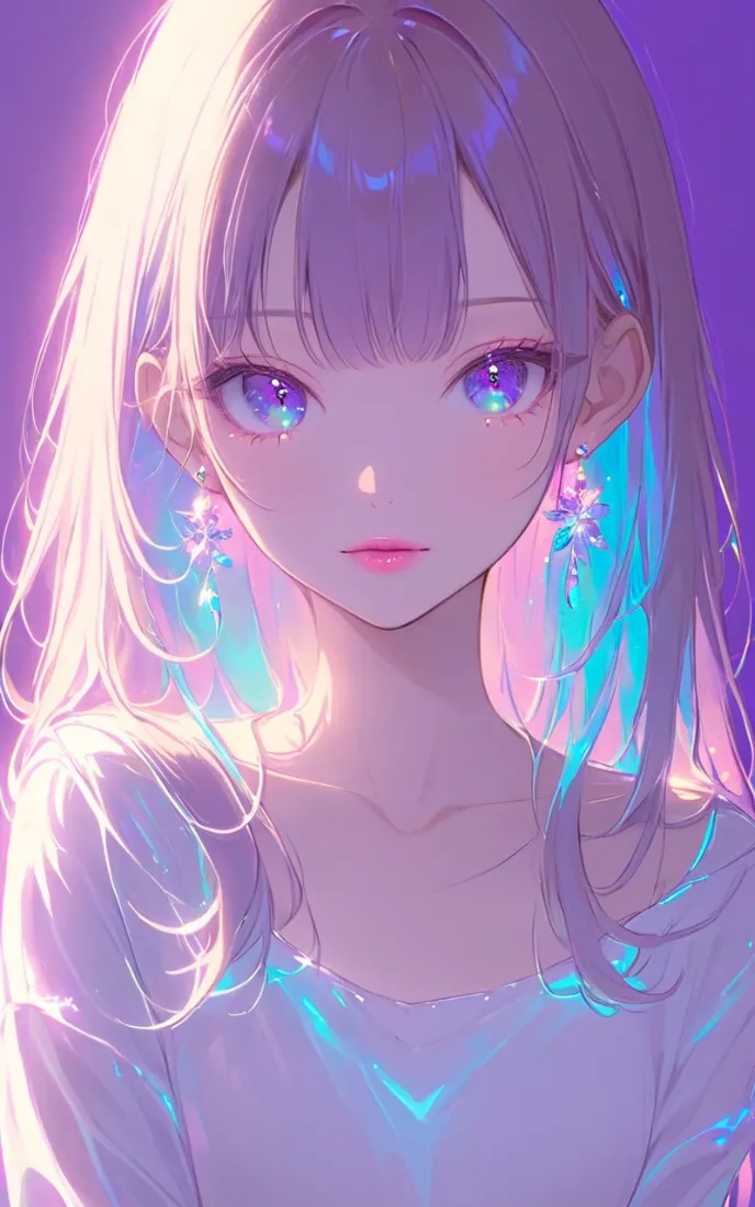紫发幻色瞳二次元少女，周身环绕炫彩渐变光影，梦幻唯美。
