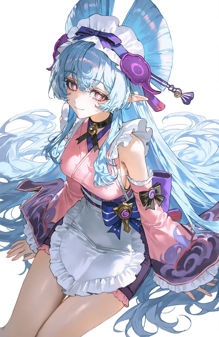 蓝发精灵耳原神角色梦见月希瑞，身着粉紫白配色和风女仆装，纯白背景插画