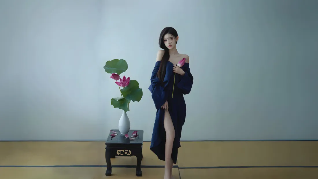 长发女子身着藏蓝色露肩开叉长袍，手持荷花立于中式矮桌旁，背景素净。