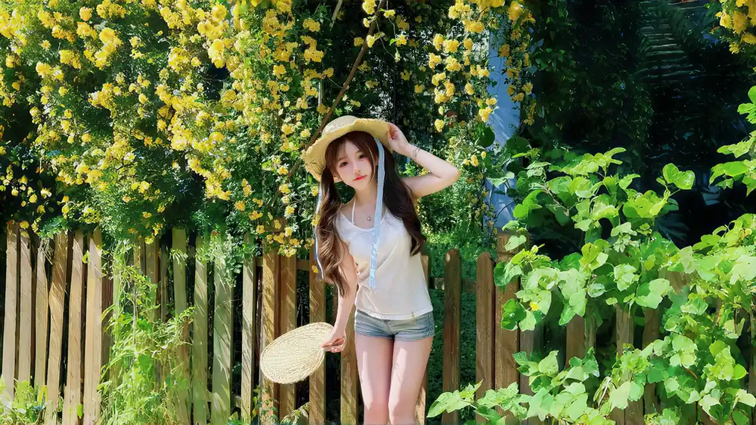 4k(夏日壁纸|绿意花墙背景图片 - 草帽美女)「哲风壁纸」 戴草帽的年轻女子手持蒲扇,站在开满黄花的绿植木栅栏前。