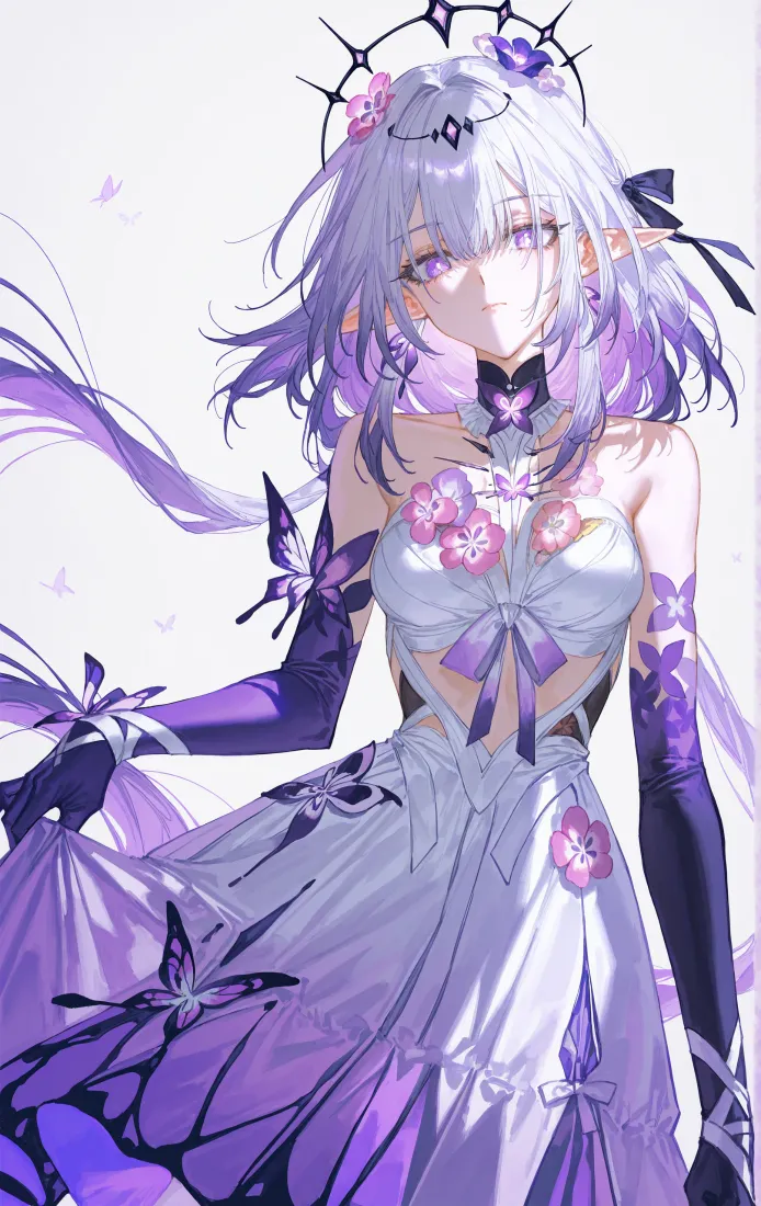 紫发尖耳精灵少女，身着白紫花饰长裙，搭配蝴蝶元素，浅白背景。