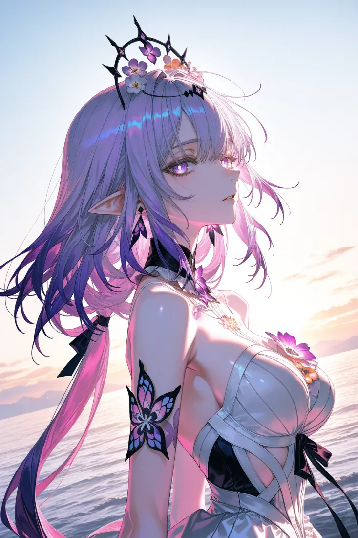 紫发尖耳精灵少女立于海边，头戴花饰皇冠，身着白裙，背景是黄昏海面。